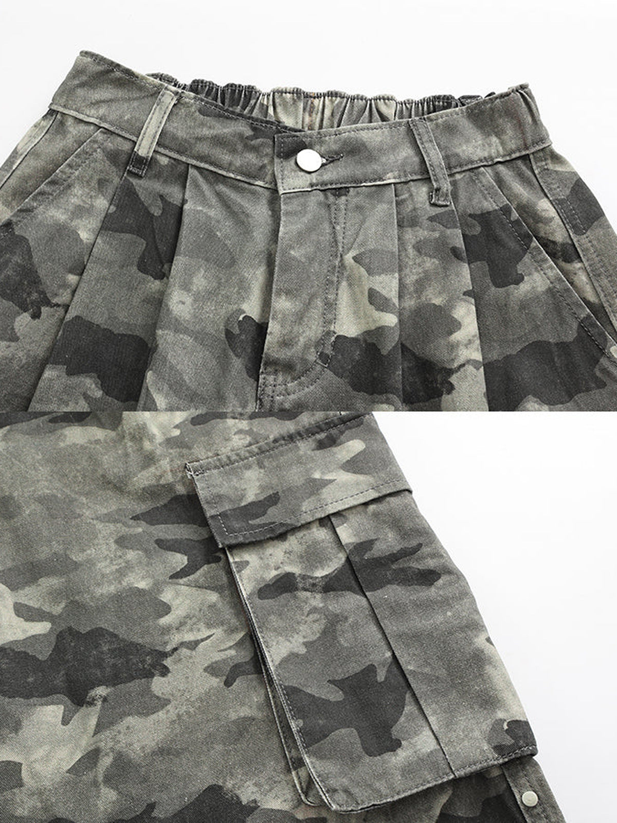 Pantalones de camuflaje de pierna ancha con panel negro en el bajo – primer plano de la cintura y el bolsillo cargo | XoKool