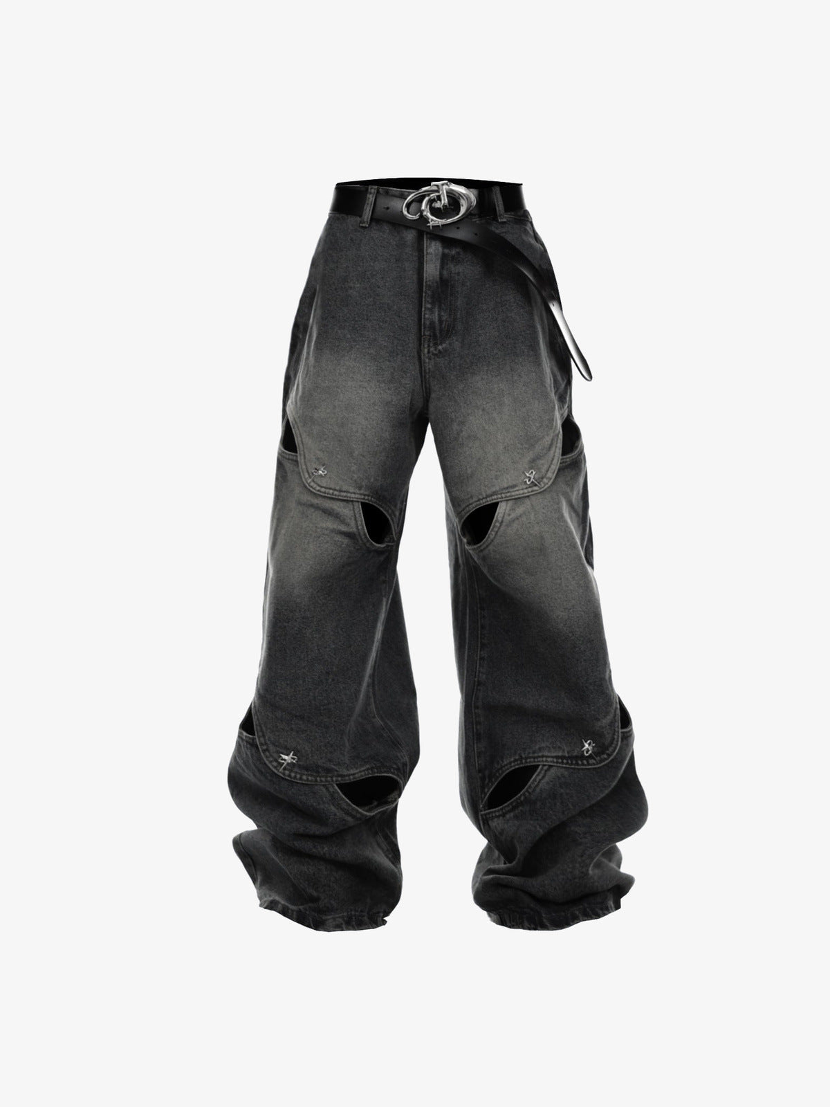 Wide Leg Cut Out Jeans in Blue or Black – Black, front view flat | XoKool