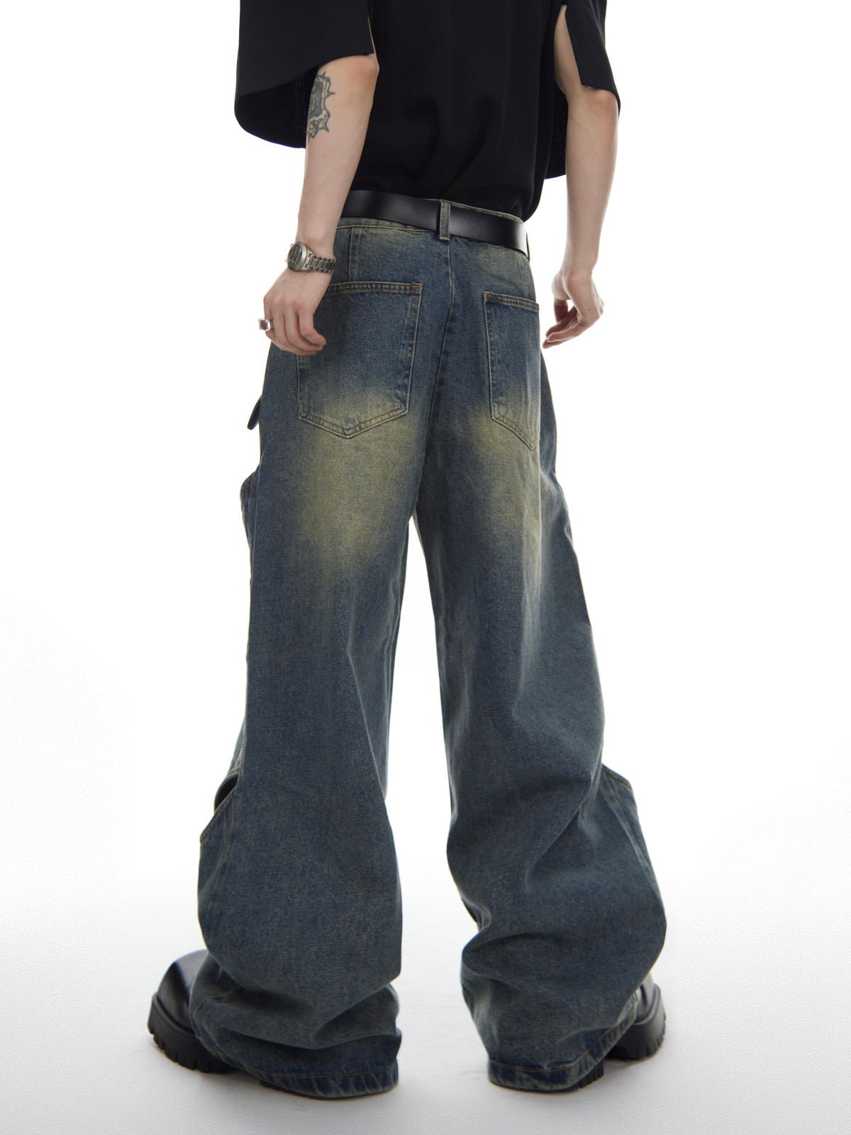 Wide Leg Cut Out Jeans in Blue or Black – Blue, on model, back | XoKool