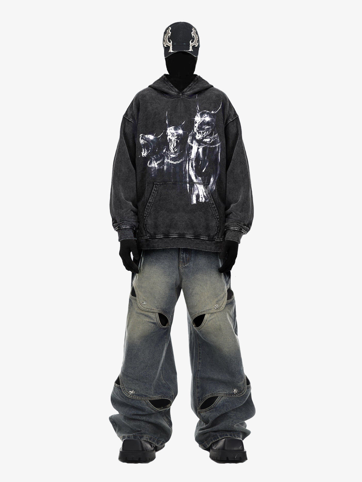 Wide Leg Cut Out Jeans in Blue or Black – Blue, on model with hoodie | XoKool