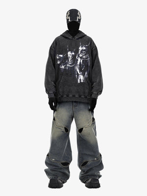Wide Leg Cut Out Jeans in Blue or Black – Blue, on model with hoodie | XoKool
