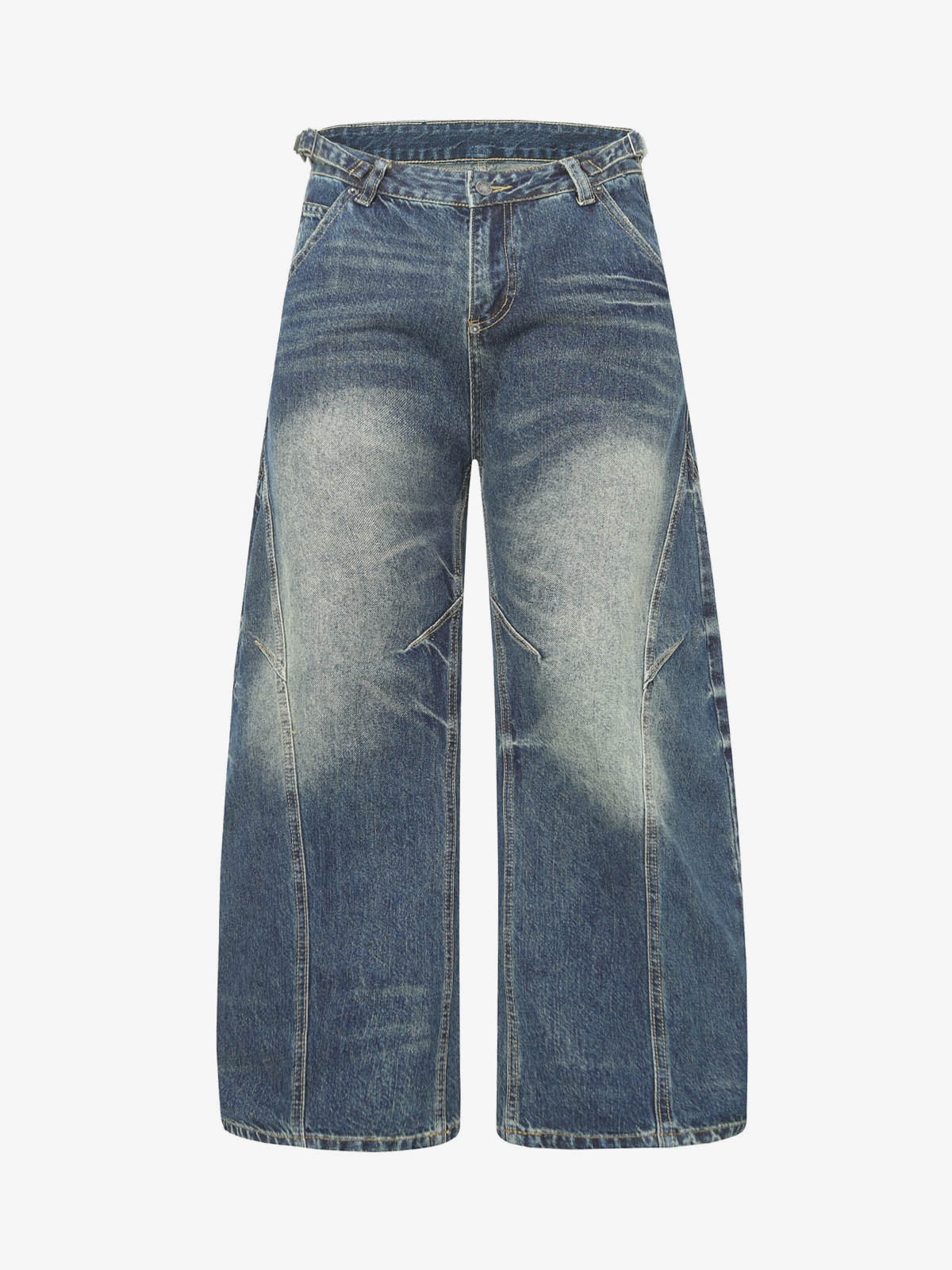 Cuffed Barrel Jeans with Curved Seams – Blue, front flat | XoKool