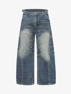 Cuffed Barrel Jeans with Curved Seams – Blue, front flat | XoKool
