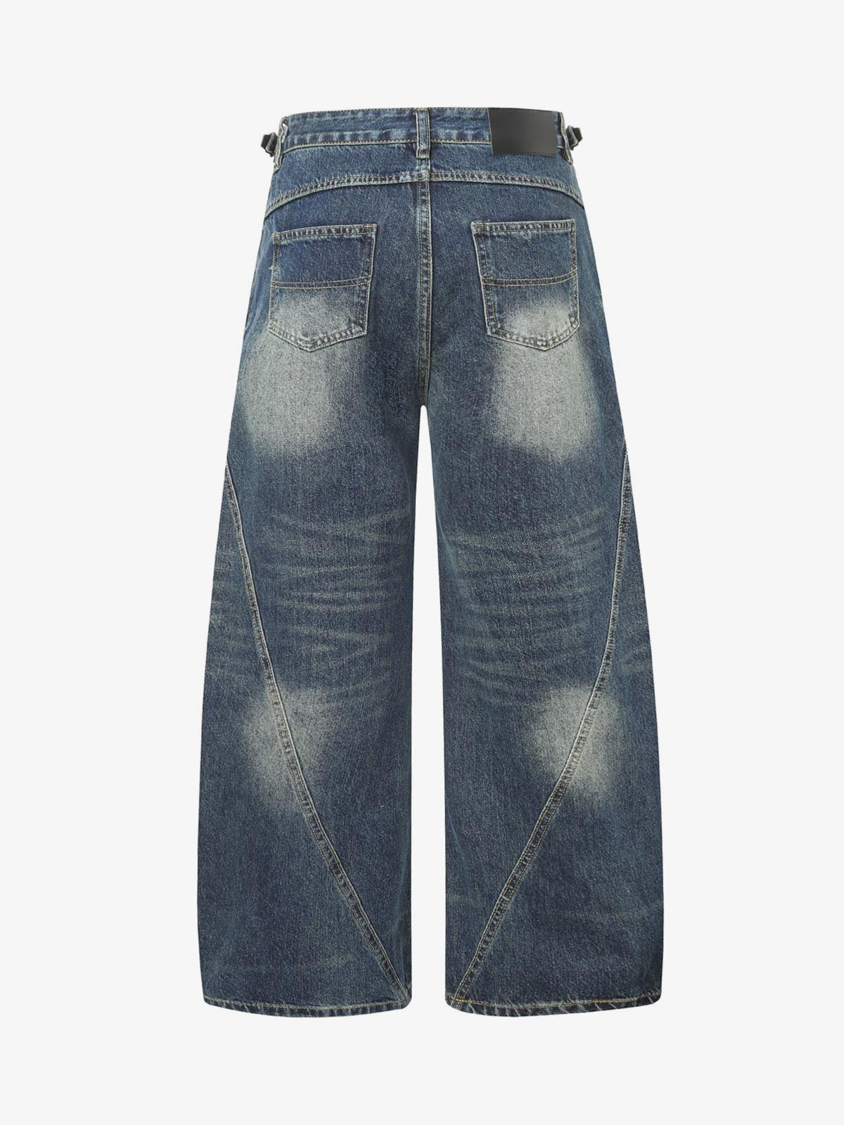 Cuffed Barrel Jeans with Curved Seams – Blue, back flat | XoKool