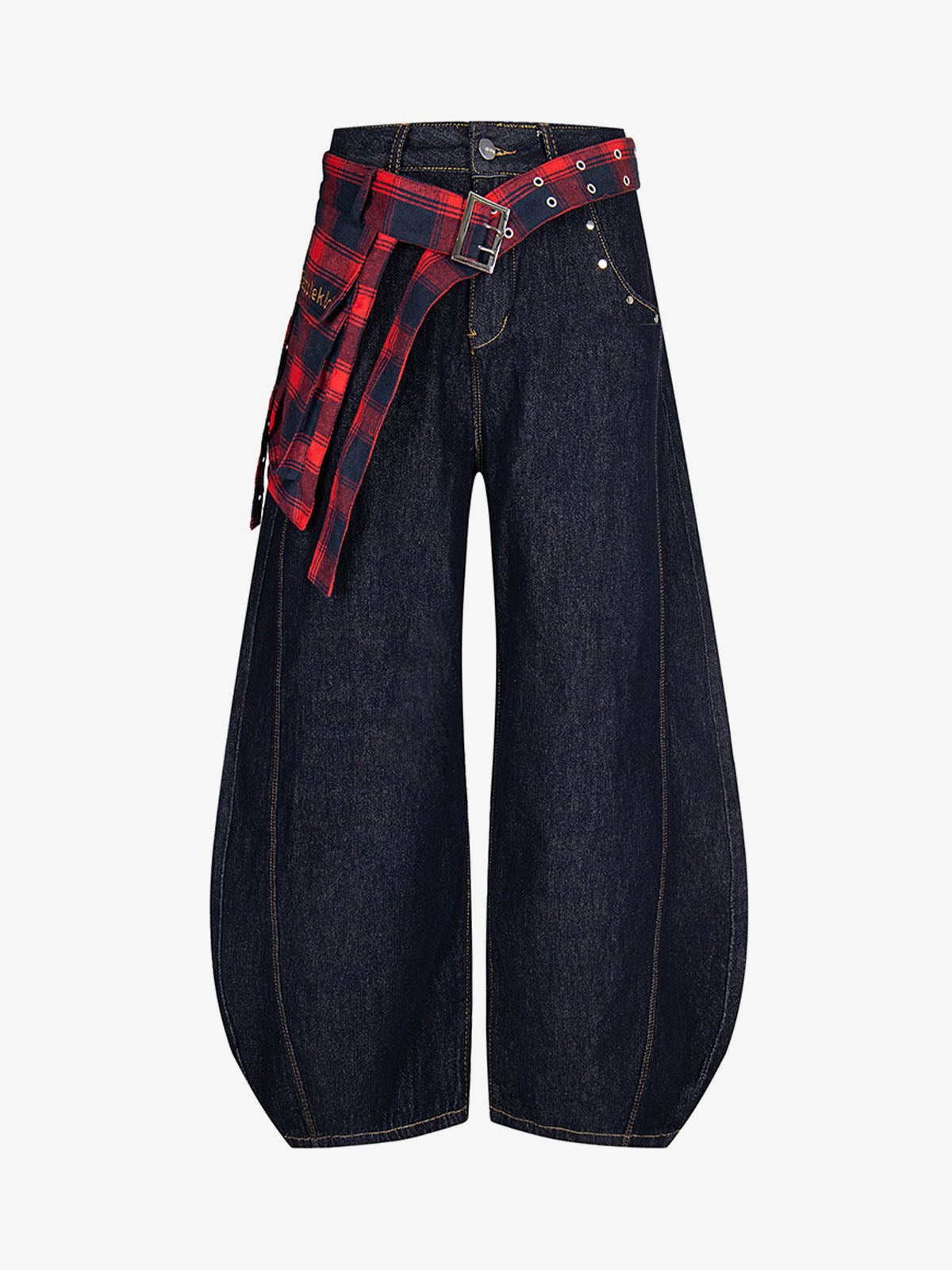 Baggy Barrel Jeans with Plaid Grommet Belt – Dark Indigo, front with belt | XoKool