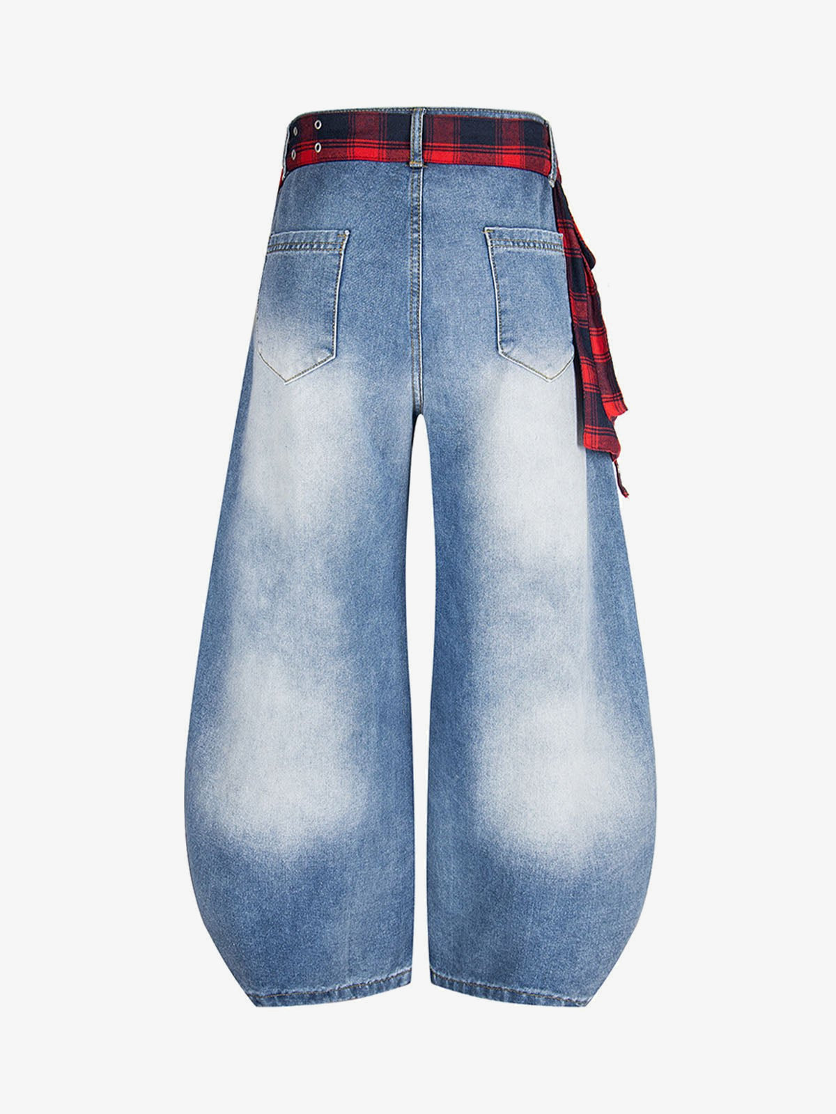 Baggy Barrel Jeans with Plaid Grommet Belt – Light Blue, back | XoKool