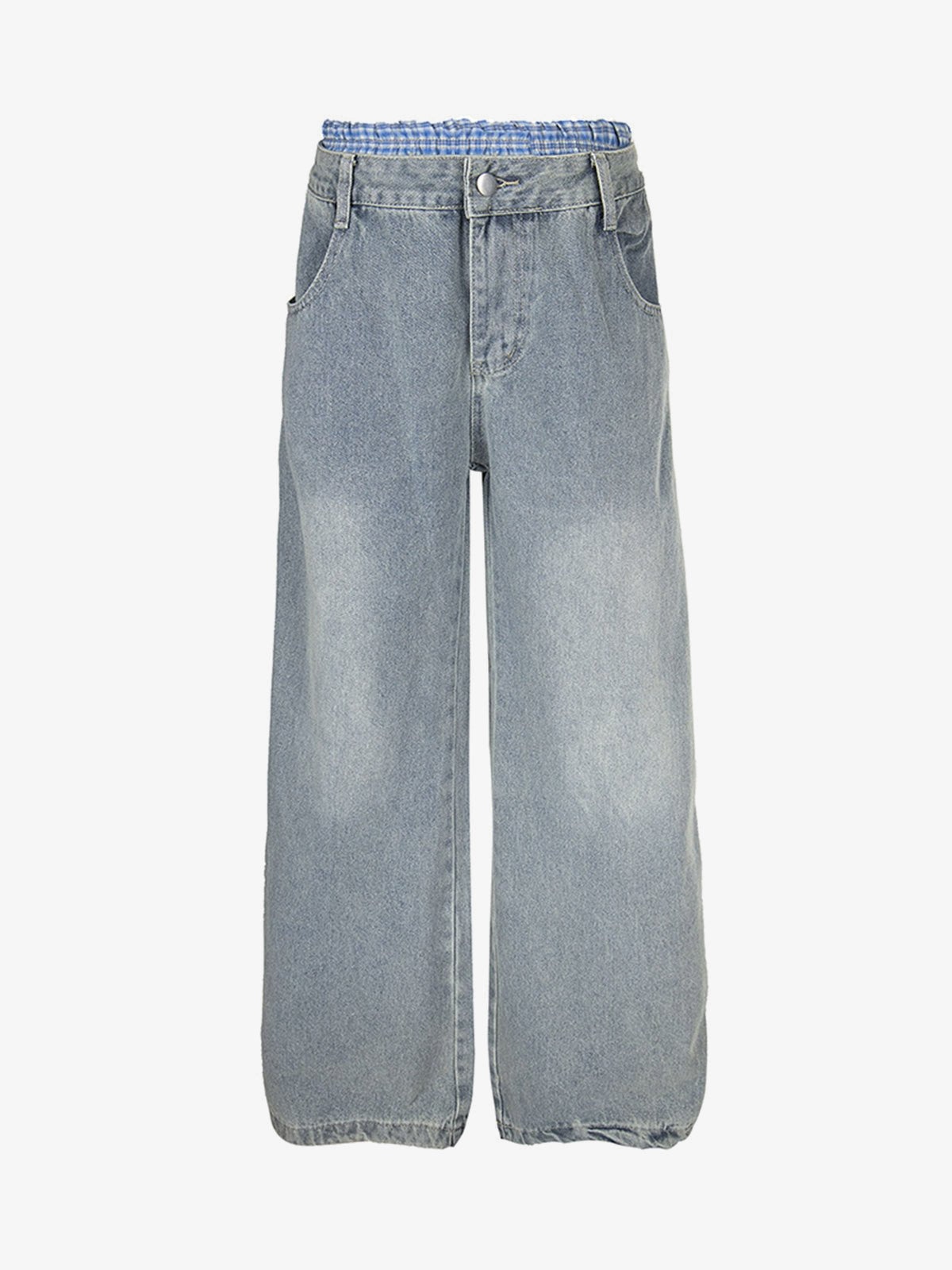 Double Waist Baggy Jeans with Plaid Band – Light Blue, front flat | XoKool