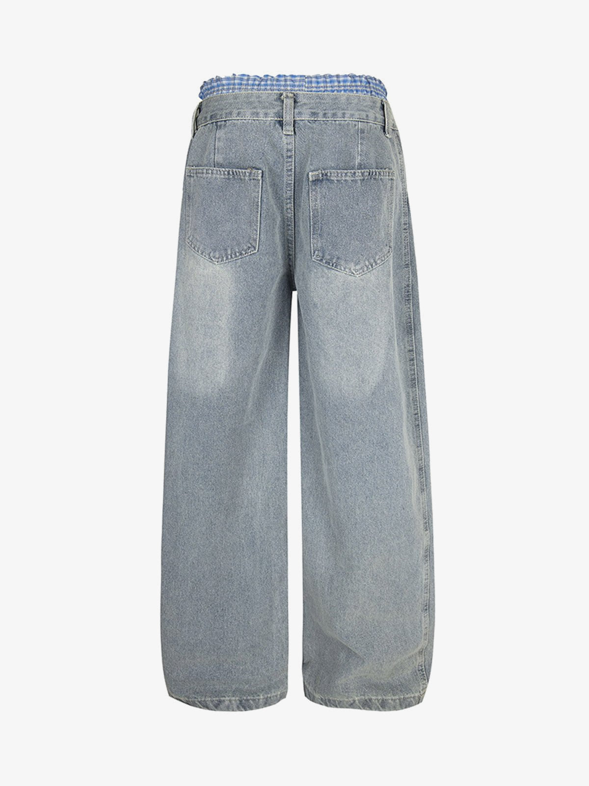 Double Waist Baggy Jeans with Plaid Band – back flat | XoKool