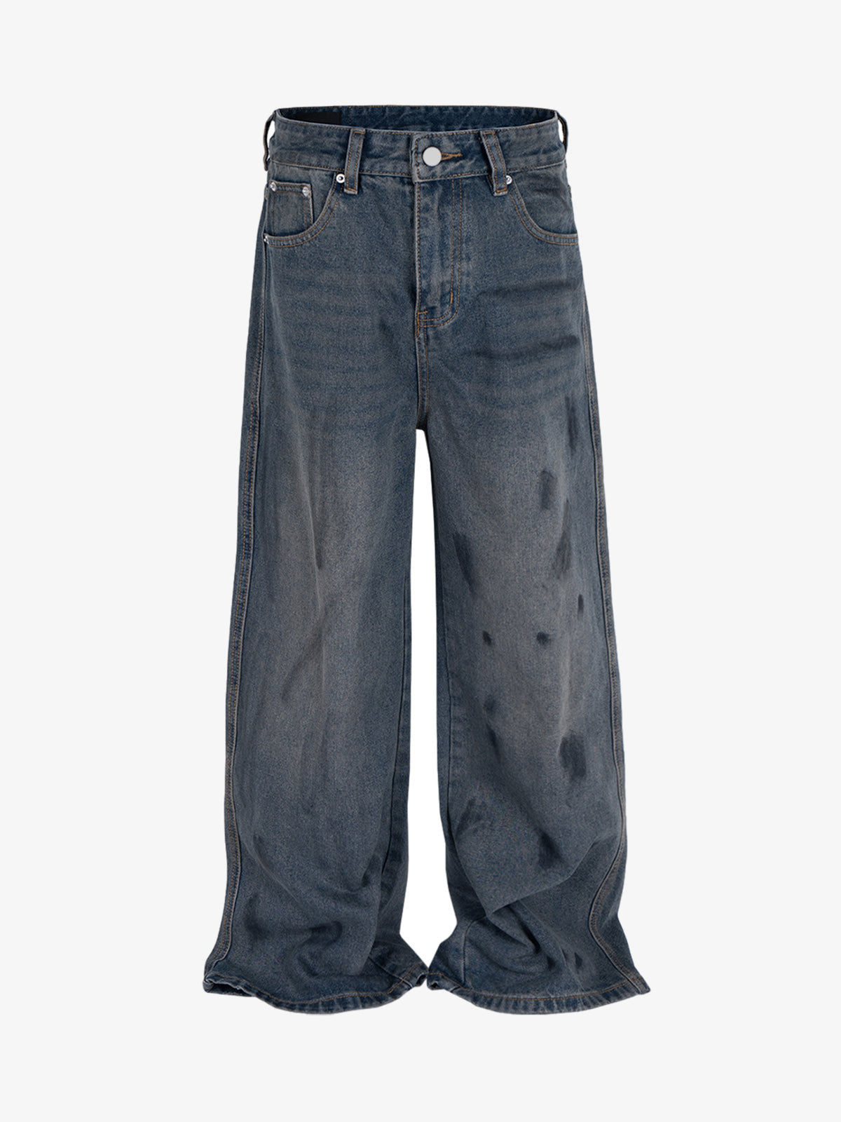 Blue Baggy Jeans with Ink Stain Splash – Blue, front flat | XoKool