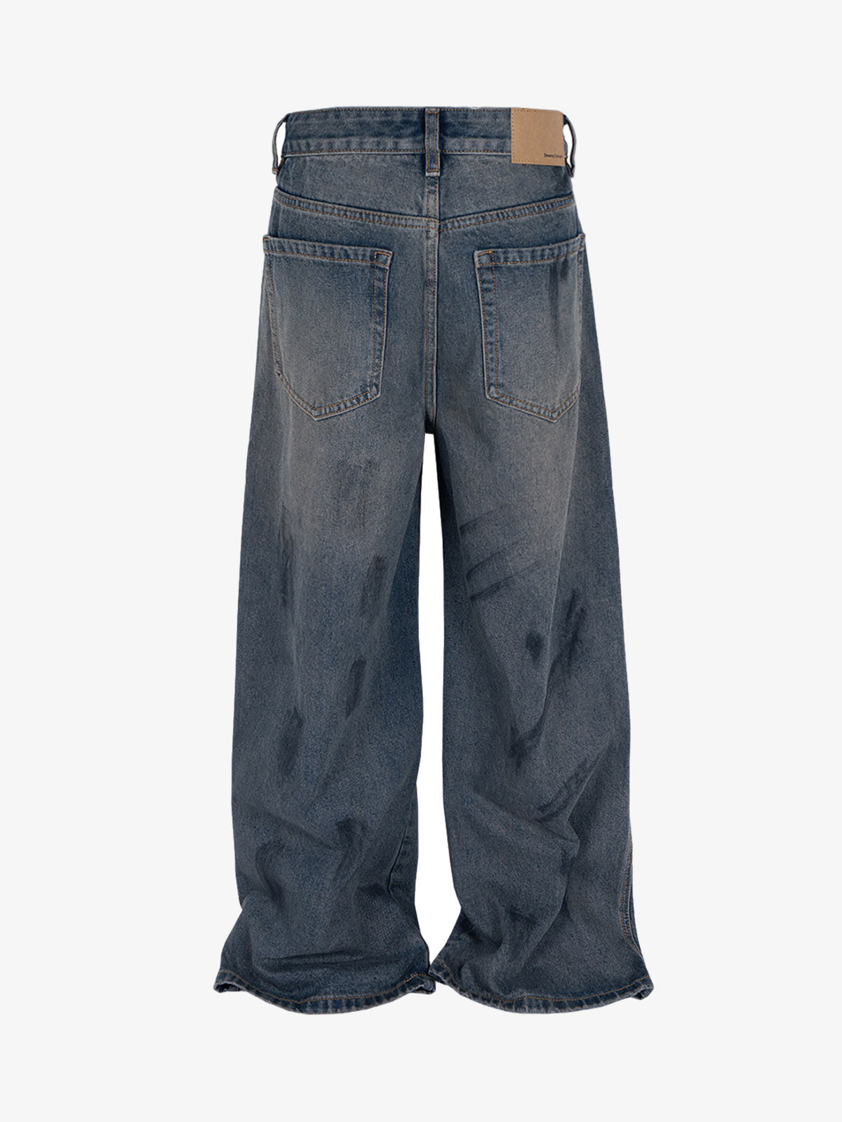 Blue Baggy Jeans with Ink Stain Splash – back flat | XoKool