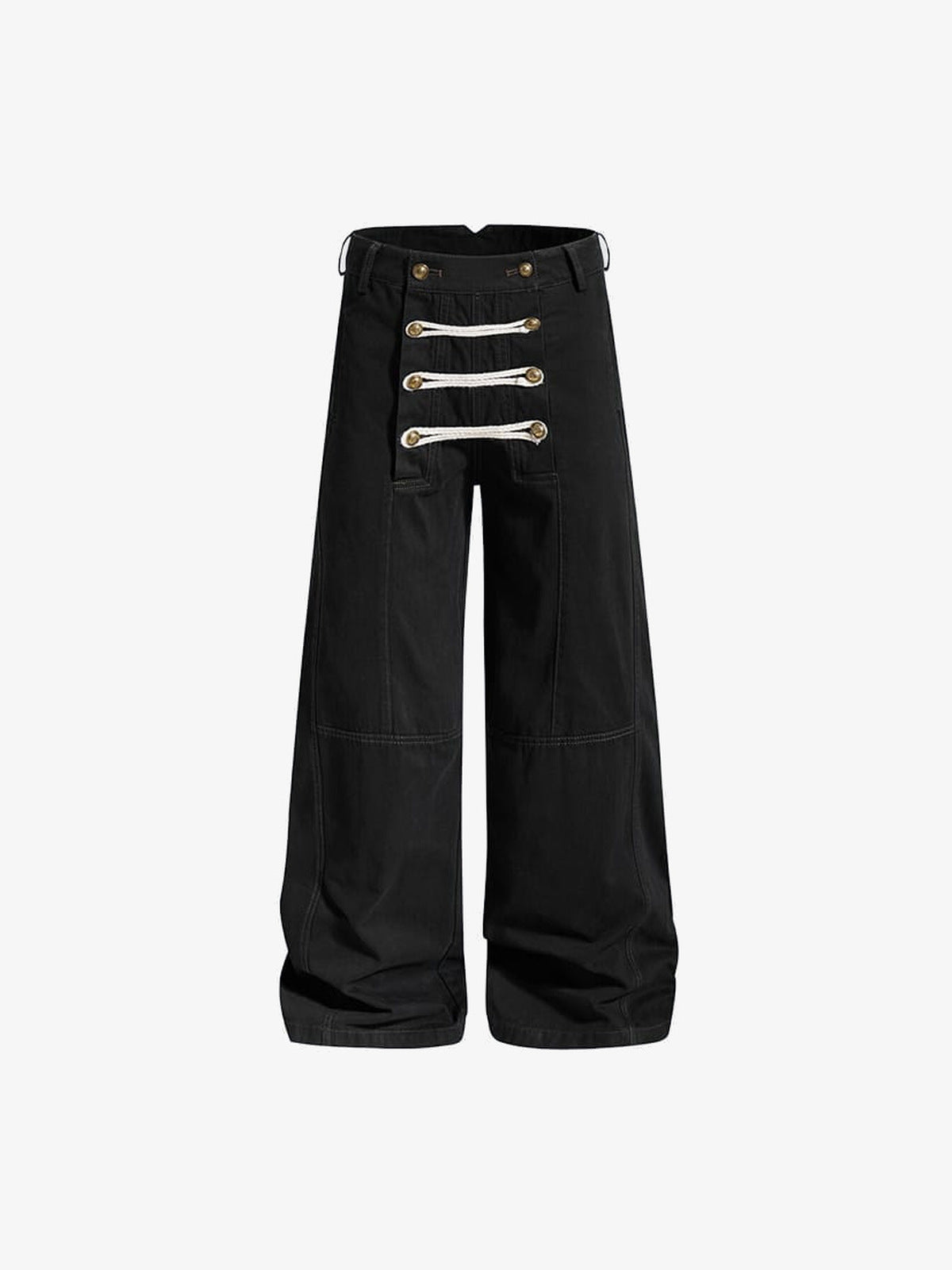 Wide Leg Lace Up Pants with Gold Buttons – Black, front view flat | XoKool