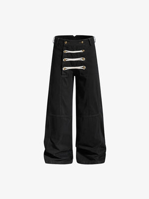 Wide Leg Lace Up Pants with Gold Buttons – Black, front view flat | XoKool