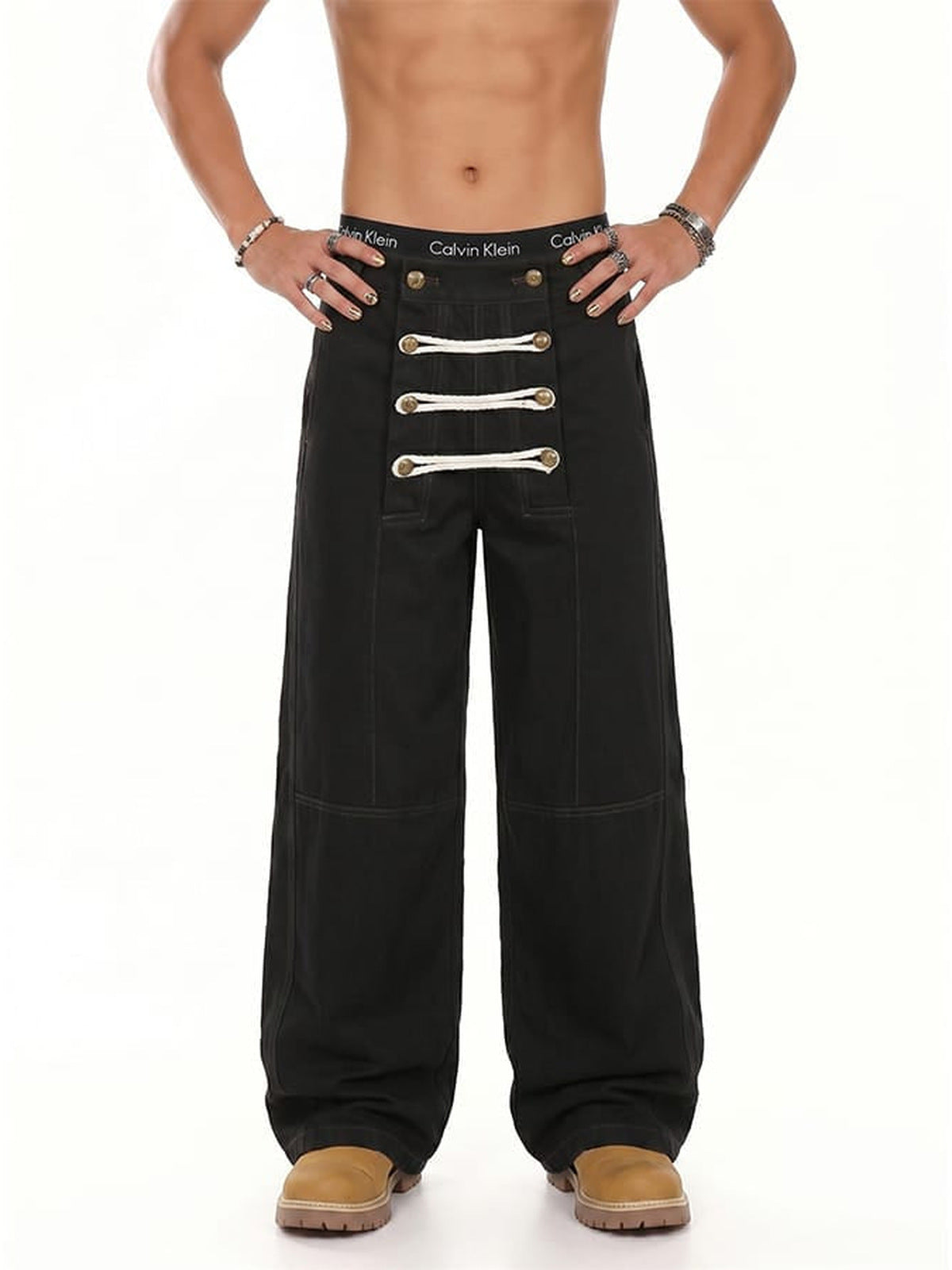 Lace up pants – Black, on model, front | XoKool