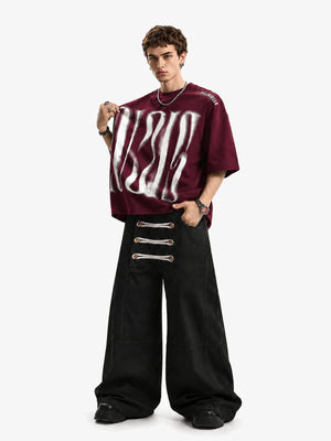 Wide Leg Lace Up Pants with Gold Buttons – Black, on model, front | XoKool