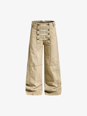 Lace up pants – Khaki, front view flat | XoKool