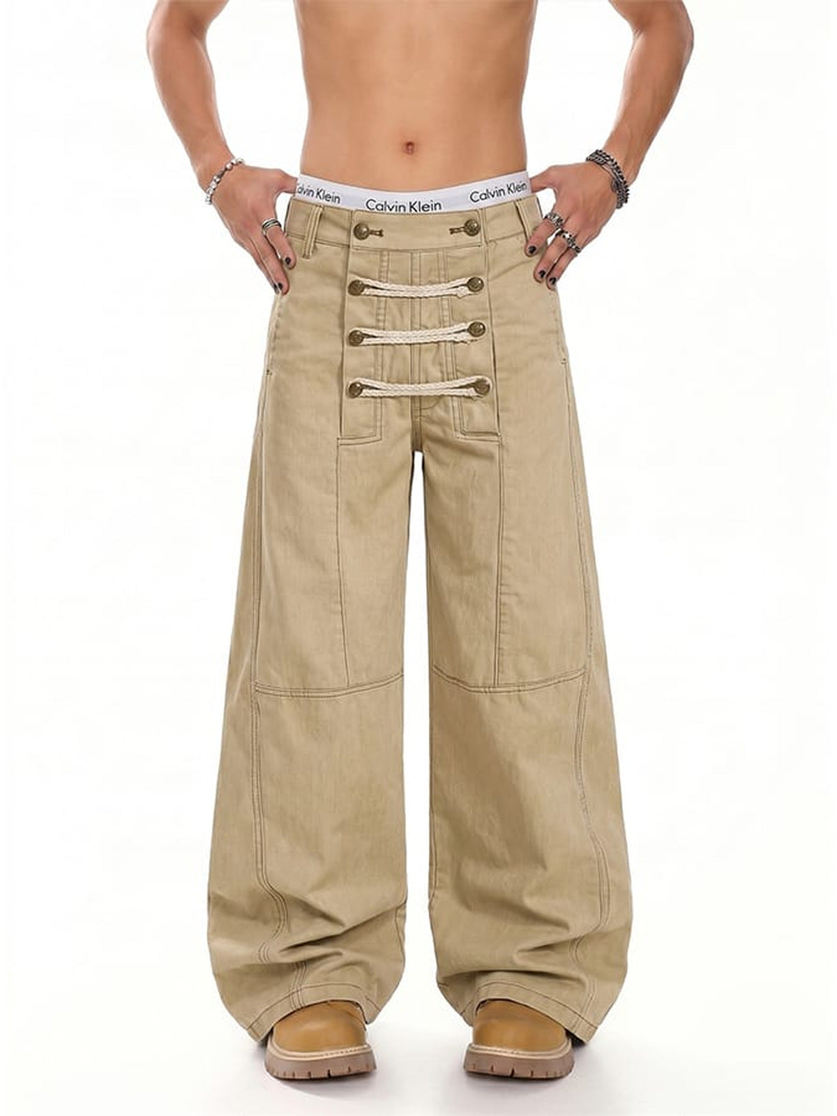Lace up pants – Khaki, on model, front | XoKool