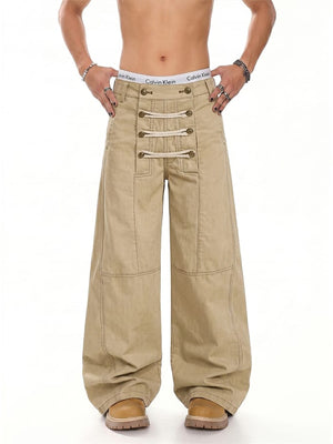 Lace up pants – Khaki, on model, front | XoKool