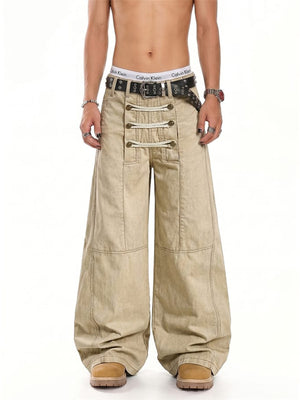 Lace up pants – Khaki, on model with belt | XoKool