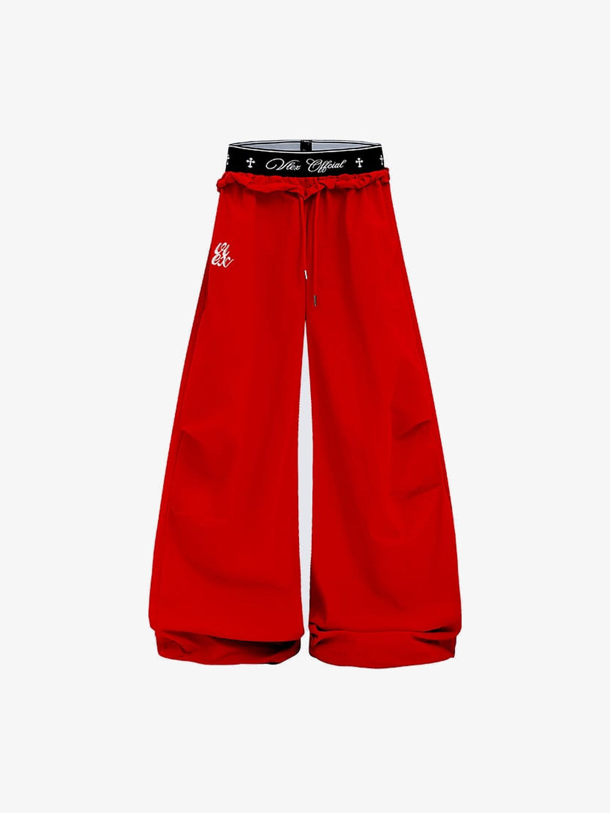 Pantalones paracaidista de pierna ancha con cruz estampada en la cintura – rojo, vista frontal | XoKool