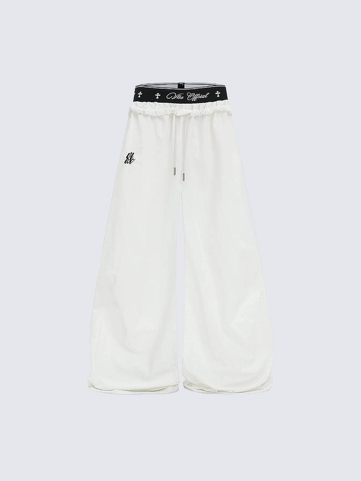 Pantalones paracaídas de pierna ancha con cintura estampada de cruces – Blanco, vista frontal | XoKool