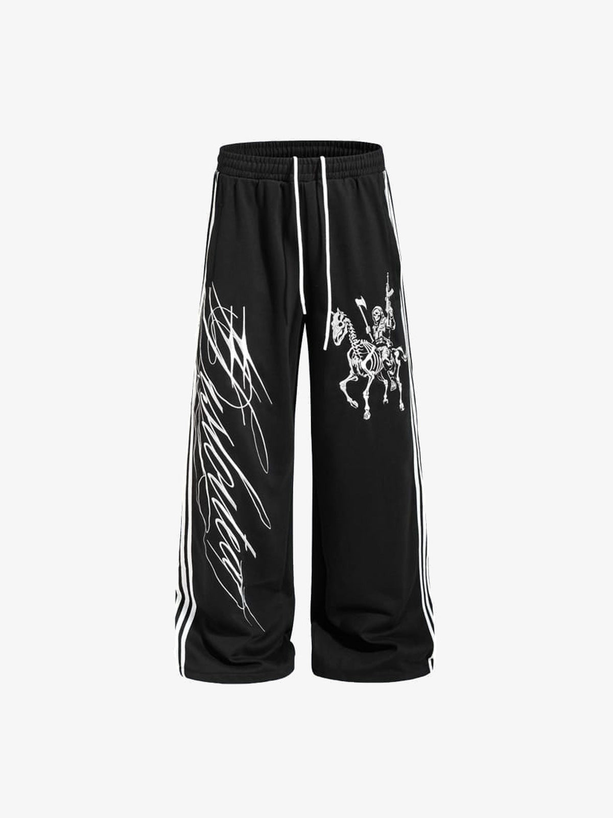 Wide Leg Jogginghose mit Skeleton Rider Print – Schwarz, Vorderseite flach | XoKool