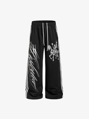 Wide Leg Jogginghose mit Skeleton Rider Print – Schwarz, Vorderseite flach | XoKool
