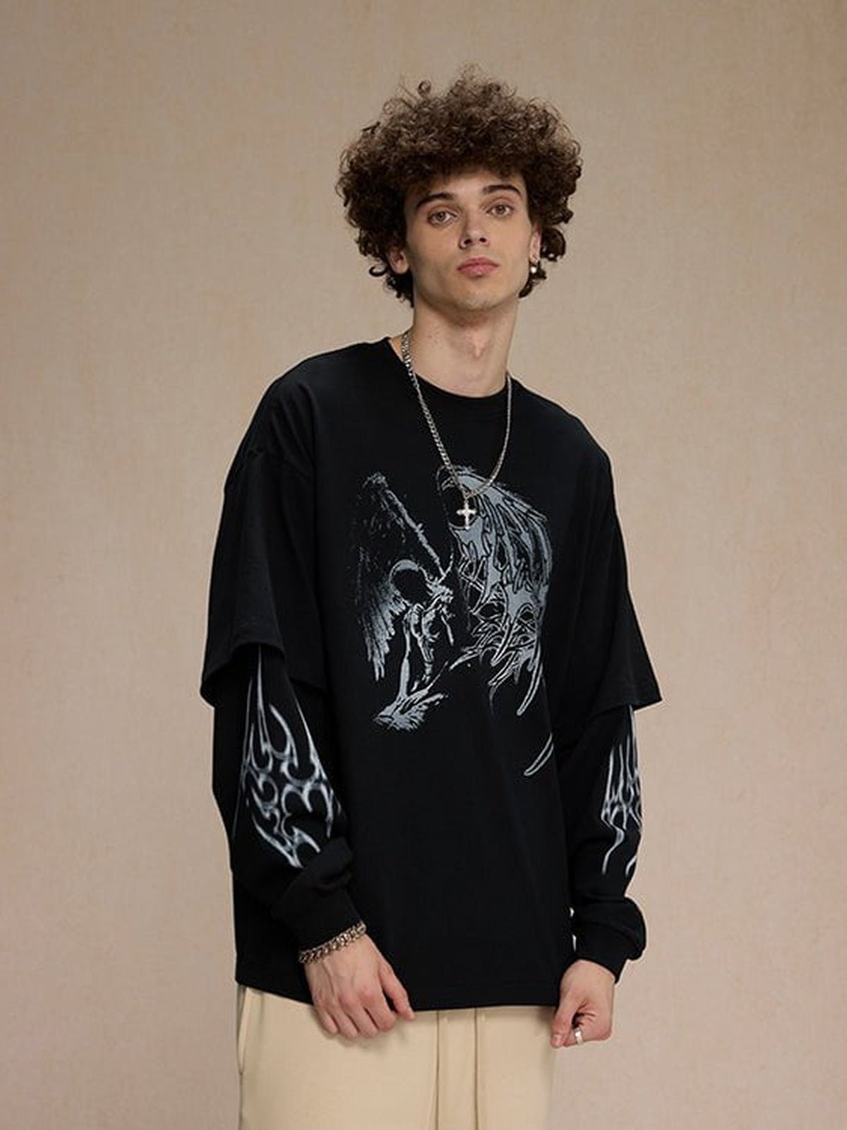 Winged Skeleton Layered Long Sleeve Tee – on model, front | XoKool