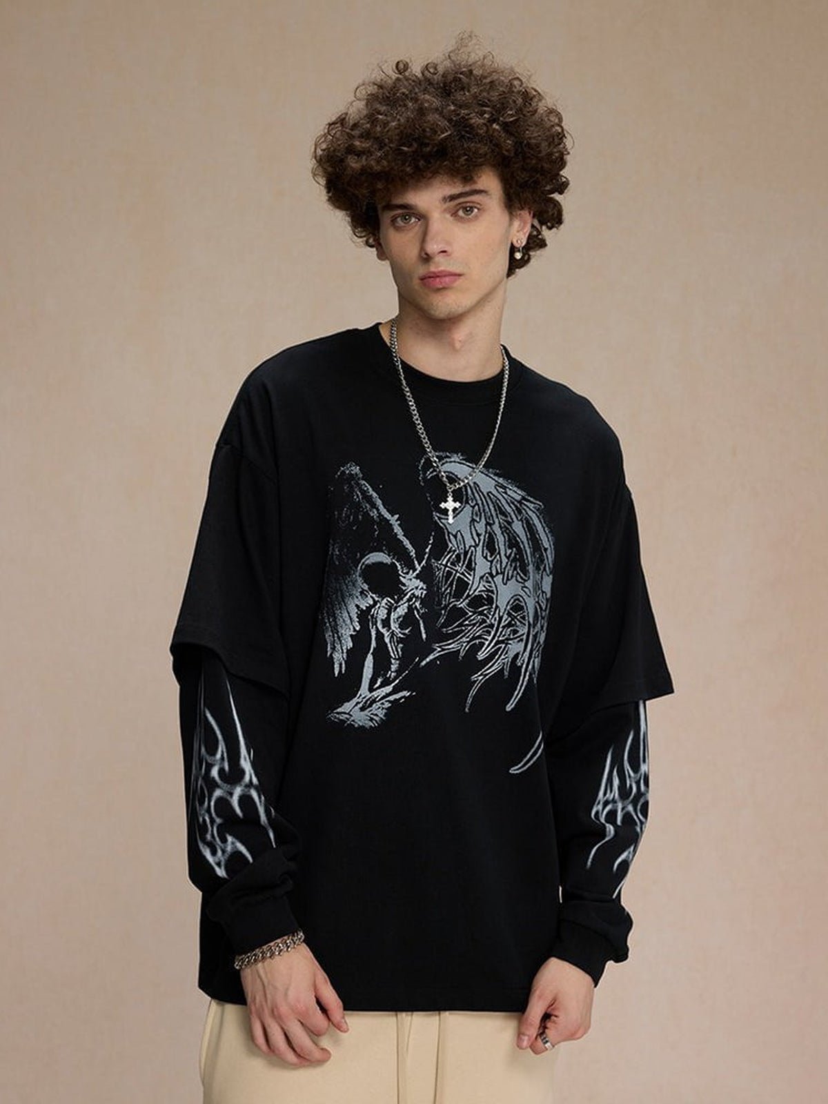 Winged Skeleton Layered Long Sleeve Tee – on model, front | XoKool
