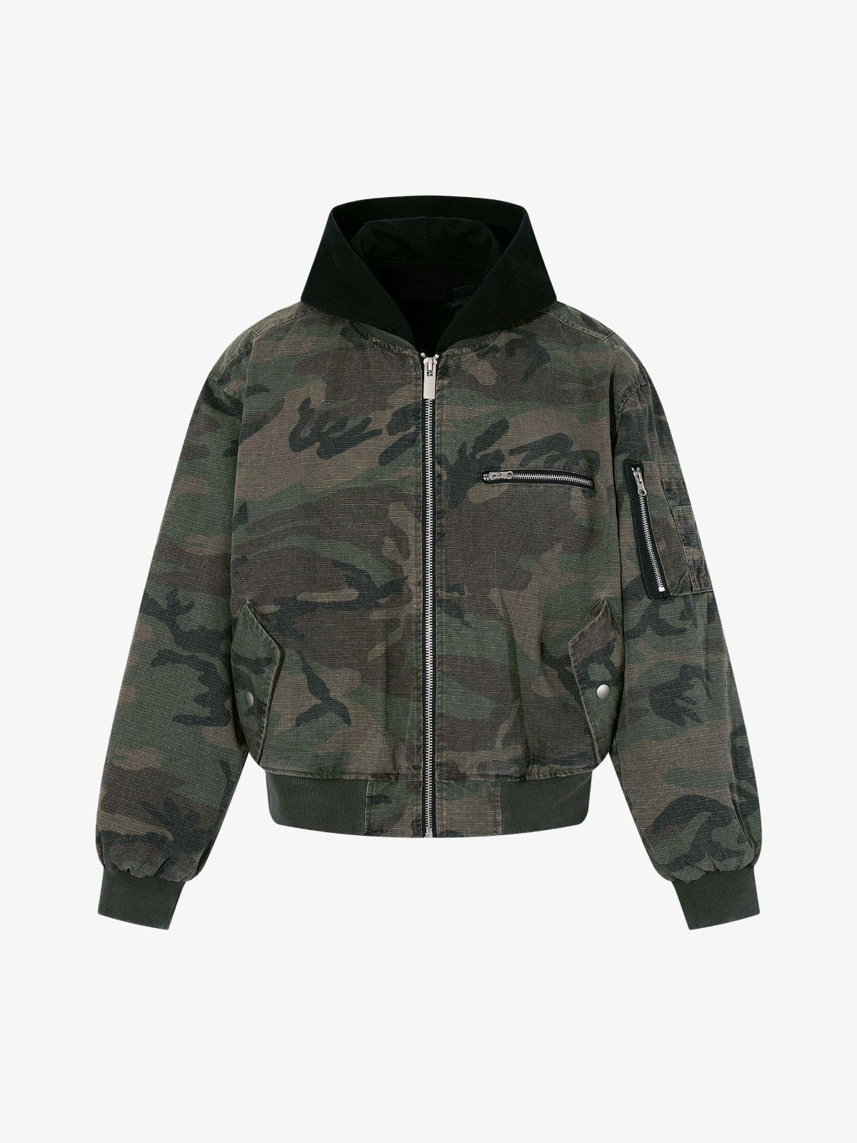 Woodland Camo Hooded Bomber Jacket – Woodland Camo, front view | XoKool