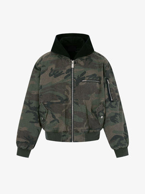 Woodland Camo Hooded Bomber Jacket – Woodland Camo, front view | XoKool