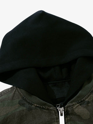 Woodland Camo Hooded Bomber Jacket – Woodland Camo, hood insert close-up | XoKool