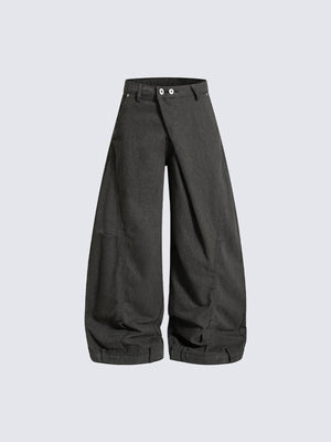 Pantalones barrel cruzados con cintura de broches – gris carbón, frente, plano | XoKool