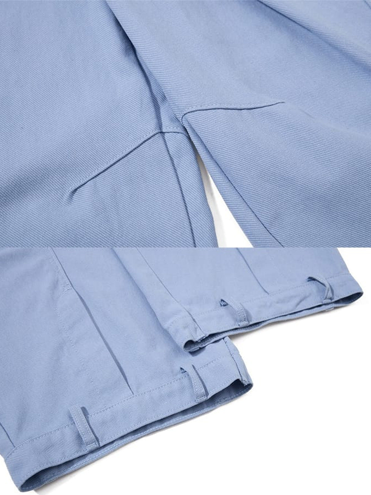 Pantalones barrel cruzados – Azul claro, detalle del pliegue y el dobladillo | XoKool