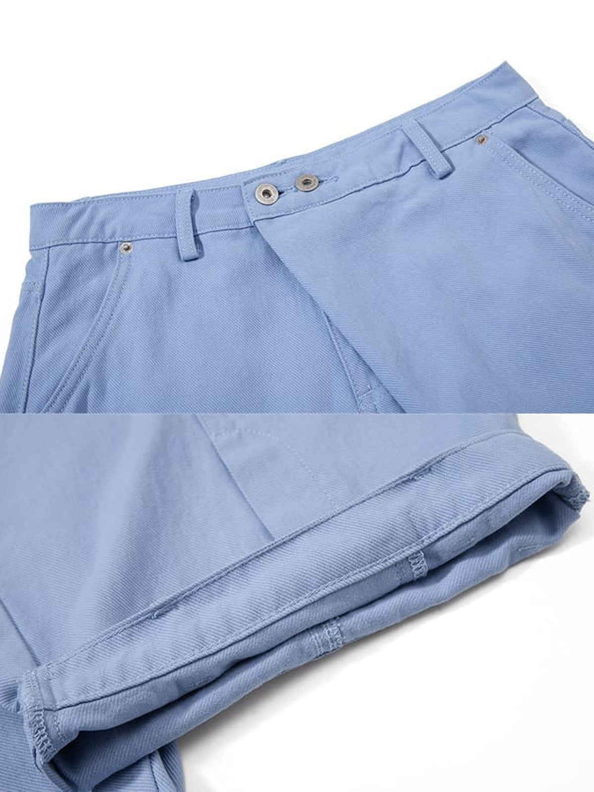 Pantalones barrel cruzados – Azul claro, detalle de la cintura y el dobladillo | XoKool