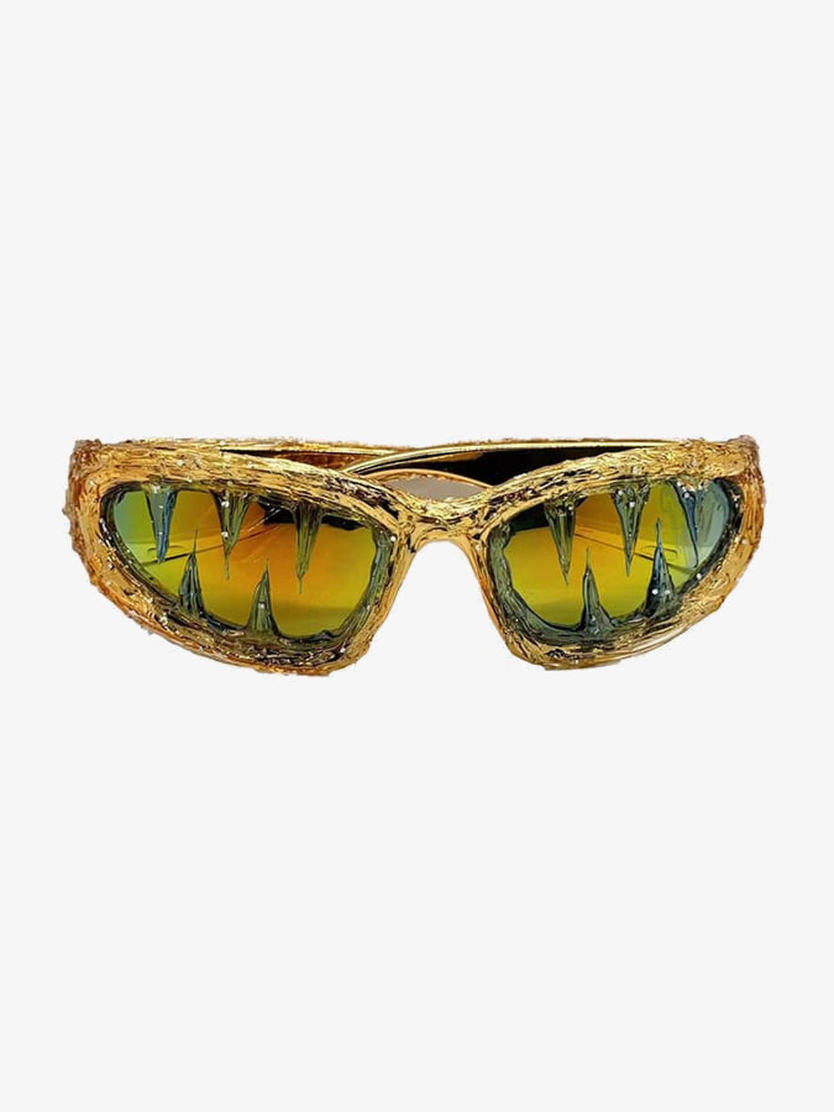 Wraparound-Sonnenbrille mit Fang-Ausschnitt im Gestell – goldenes Gestell, grüne Verspiegelung, Vorderansicht | XoKool