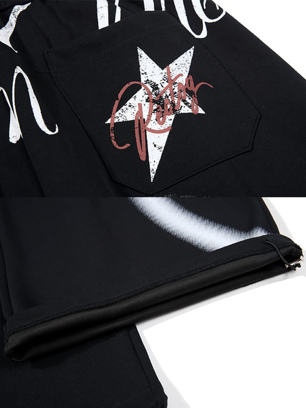 Barrel sweatpants – Black back pocket star print and hem close-up | XoKool