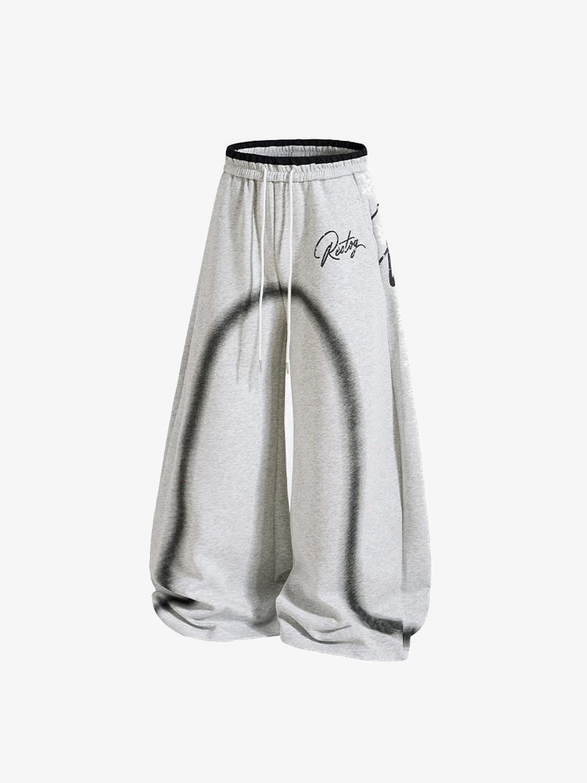 Y2K Barrel Sweatpants with Airbrush Arch Print – Grey, angled view | XoKool