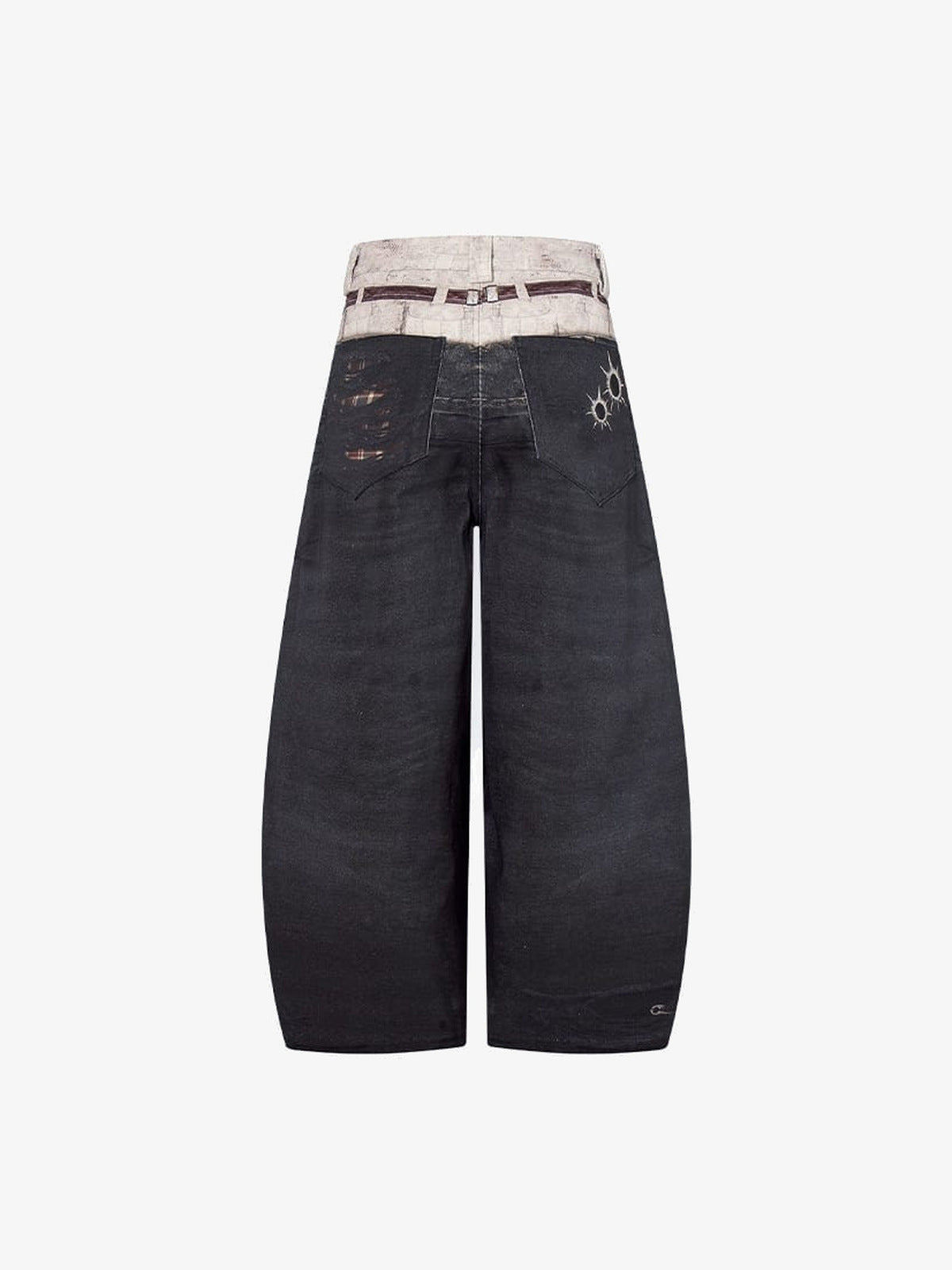 Y2K Schwarze Barrel Jeans mit bedrucktem Fake-Gürtel – Rückseite flach | XoKool