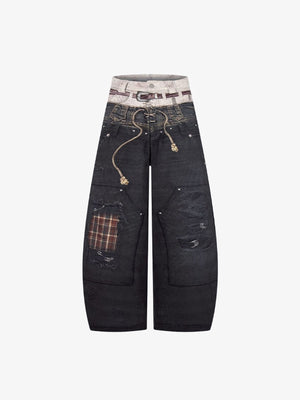 Y2K Schwarze Barrel Jeans mit bedrucktem Fake-Gürtel – Schwarz, Vorderseite flach | XoKool