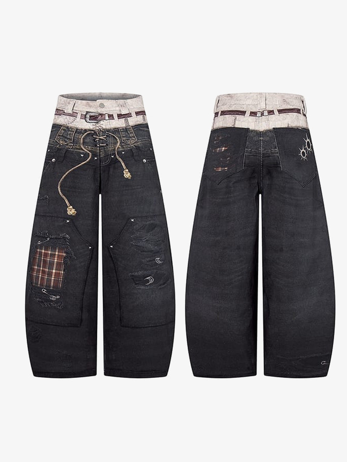 Y2K Schwarze Barrel Jeans mit bedrucktem Fake-Gürtel – Vorder- und Rückseite flach | XoKool