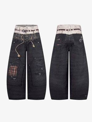 Y2K Schwarze Barrel Jeans mit bedrucktem Fake-Gürtel – Vorder- und Rückseite flach | XoKool