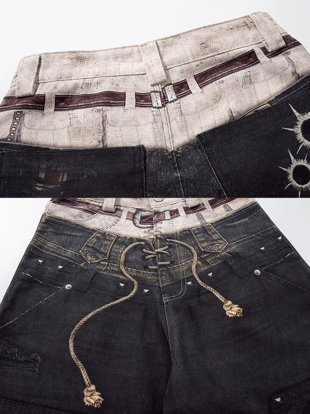 Schwarze Barrel Jeans – bedruckter Bund und Kordelzug Nahaufnahme | XoKool