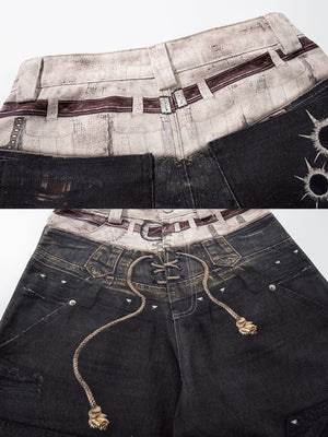 Schwarze Barrel Jeans – bedruckter Bund und Kordelzug Nahaufnahme | XoKool