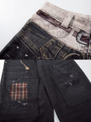 Y2K Schwarze Barrel Jeans mit bedrucktem Fake-Gürtel – Bund und Karo-Patch Nahaufnahme | XoKool
