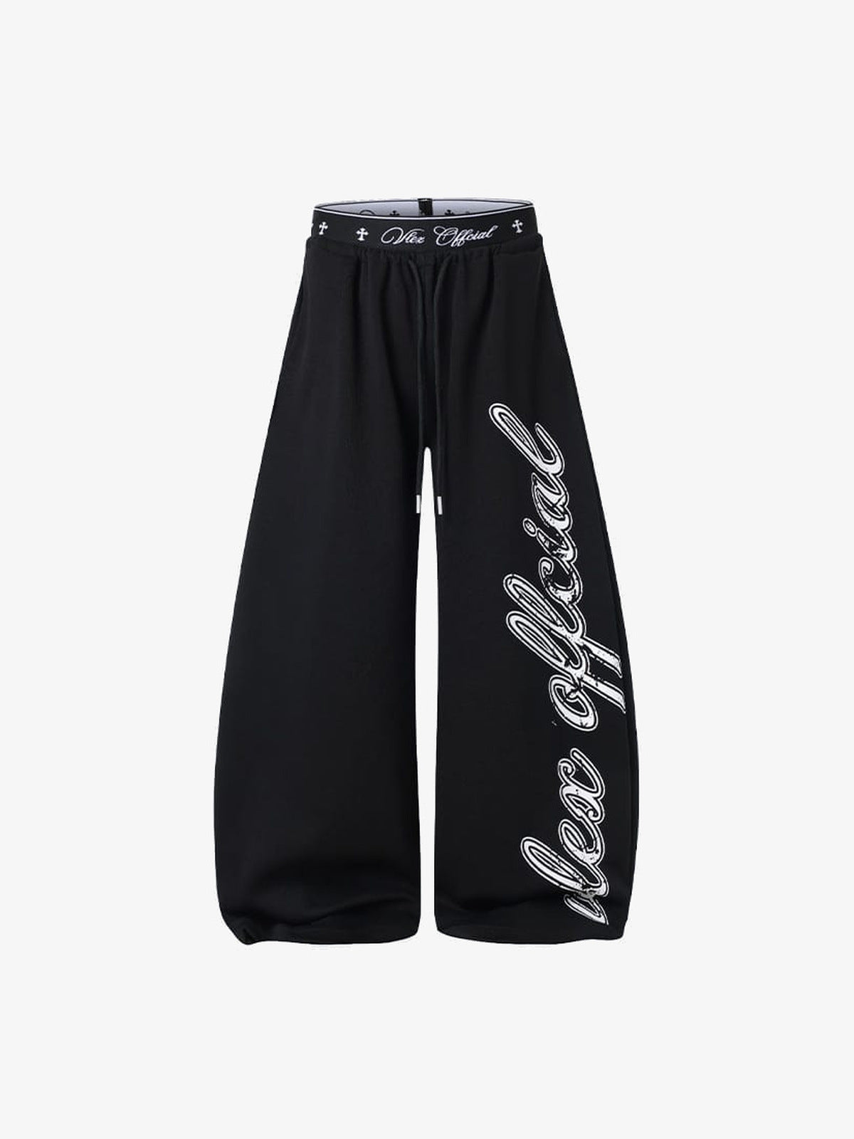 Y2K Jogginghose mit Schriftzug-Print und Layered-Bund – Schwarz, Vorderseite flach | XoKool