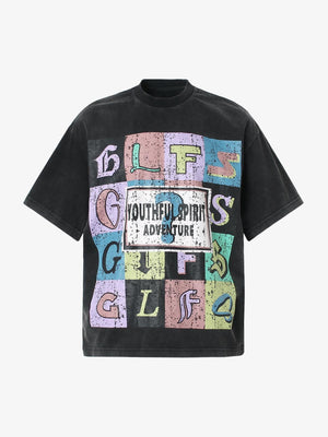 Pastel Letter Block Boxy Graphic Tee – Washed Black, front view | XoKool