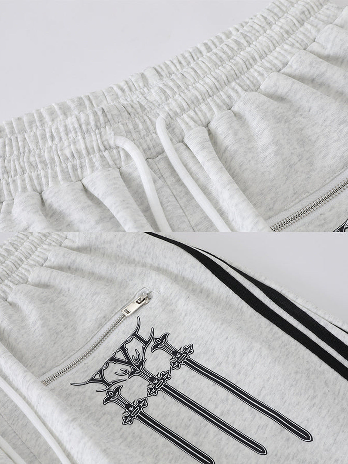 Jogginghose mit Zip-Taschen – Bund und Schwert-Print im Detail | XoKool