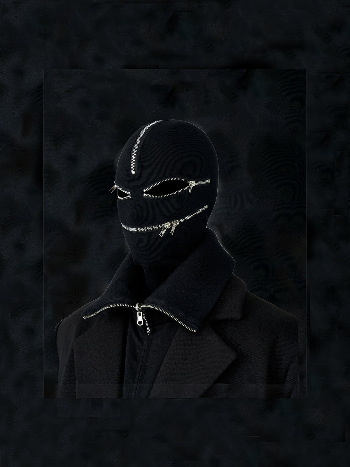 Zipper Knit Full Face Balaclava – Black, front view dark background | XoKool
