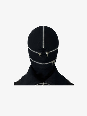 Zipper Knit Full Face Balaclava – Black, front view zipped | XoKool